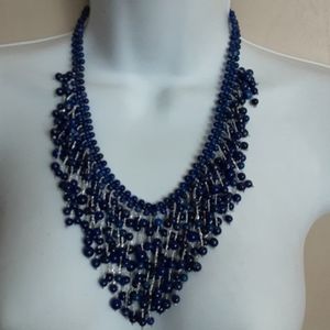 Blue Beaded Lapis & Silver‎ Bib Necklace